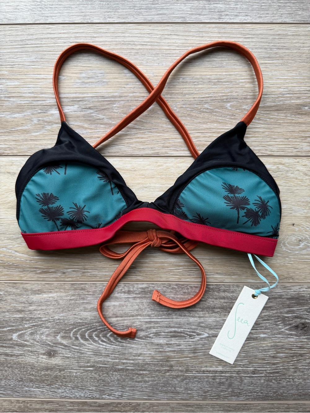 Seea Leucadia Bikini Top Small Palm Print Cross Back NWT